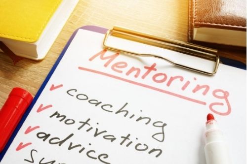 Image of a list of mentoring skills. Coaching, Motivation, Advice, Support.