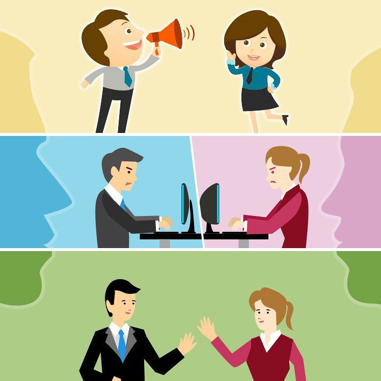 How to Resolve Conflict in the Workplace: 20 Effective Tips Image of various employees communicating for conflict resolution and avoidance.