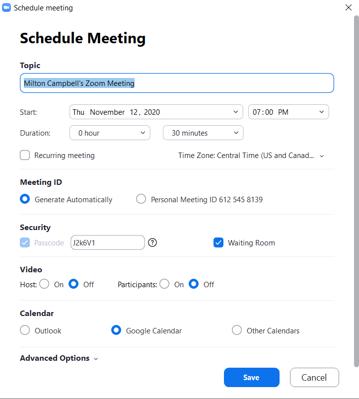 Image of Zoom meeting schedule page.