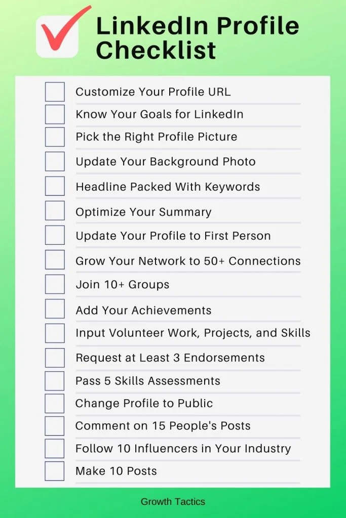 22 Tips to Make Your LinkedIn Profile Stand Out Image of LinkedIn profile tips checklist.