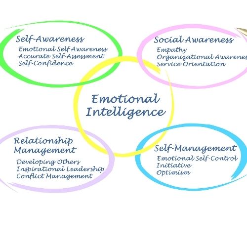 Image showing the characteristics of emotional intelligence: Self-awareness, self-management, relationship management, social awareness.