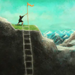 Person planting a flag after climbing a ladder up a hill.