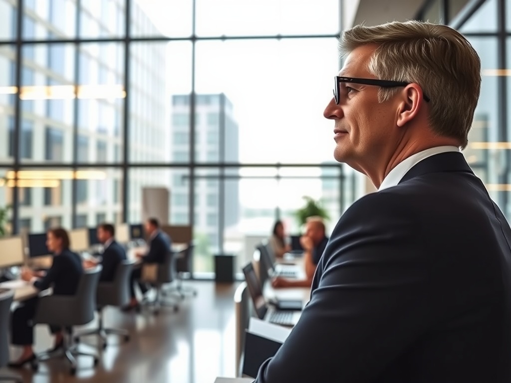Exploring the Bureaucratic Culture (Pros, Cons, and Tips) An office building with a boss looking out over their employees.