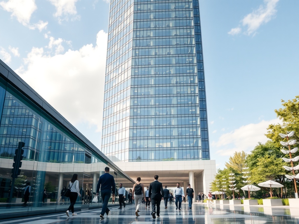 Exploring the Bureaucratic Culture (Pros, Cons, and Tips) Skyscraper office building with people in professional clothes walking in.