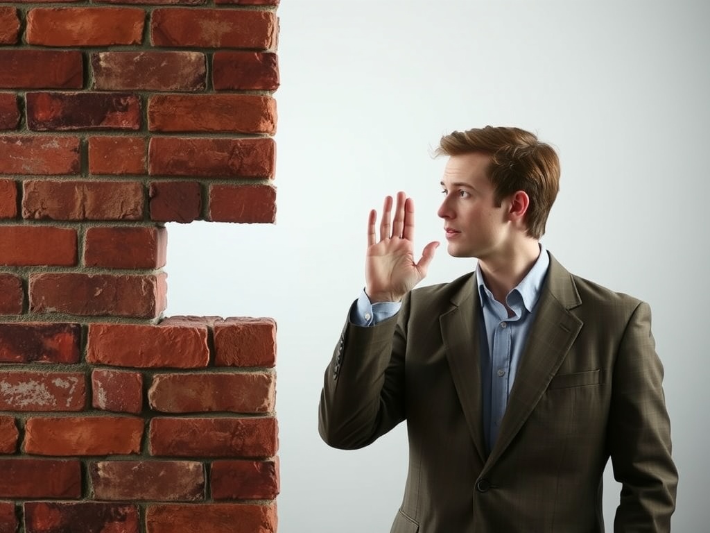 What is the Difference Between Hearing and Listening? a person trying to listen to a conversation through a brick wall