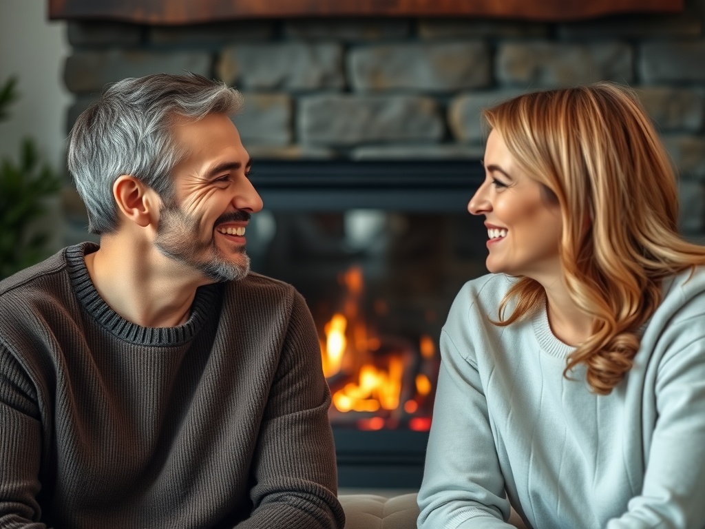 What is the Difference Between Hearing and Listening? Two people in a relationship having a good conversation with a fireplace in the background.
