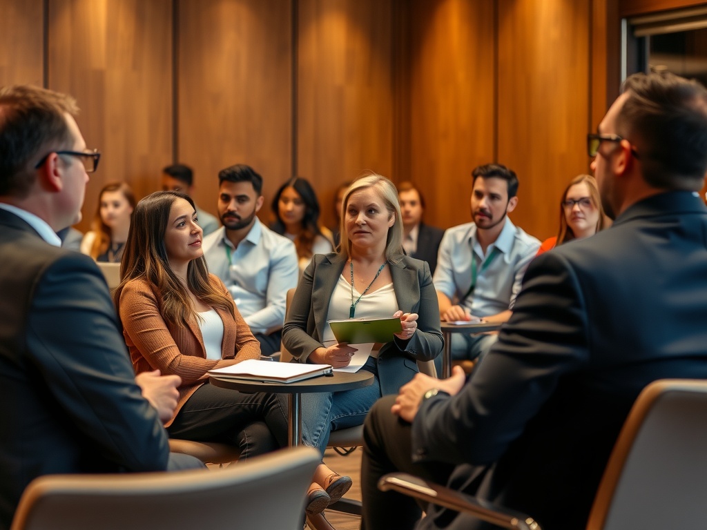 Steps to Build an Effective Manager Development Program a group of business professionals sitting in a conference room receiving a briefing.