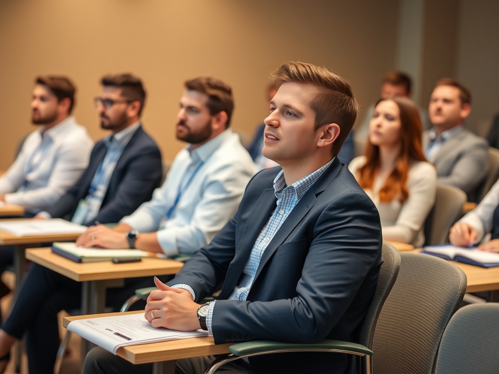 Steps to Build an Effective Manager Development Program Professionals sitting in a classroom learning about management.