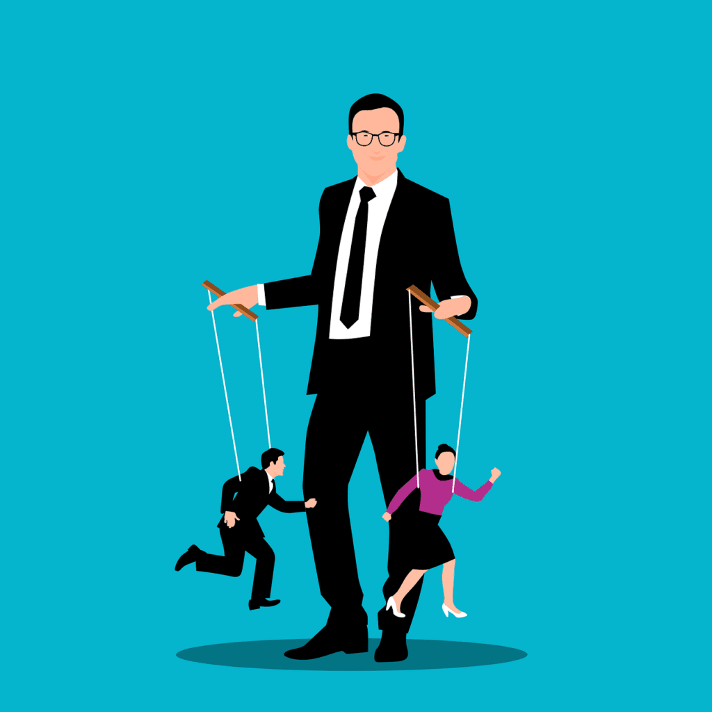 Breaking the Mold: Modern Leader vs Traditional Leader leader holding puppets that are employees for the traditional leadership styles.