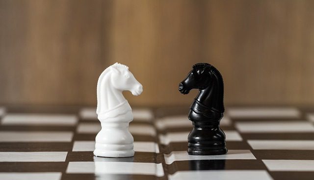 strategic thinking exercises.Chess board with a black and white knight facing each other.