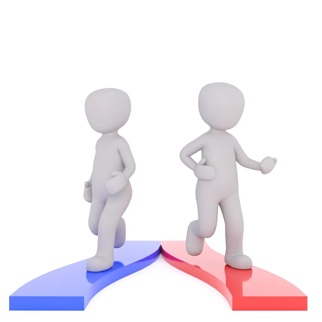 Empathy vs Sympathy: Exploring the Difference with Examples 2 white figures walking in different directions representing the differences between empathy vs sympathy.