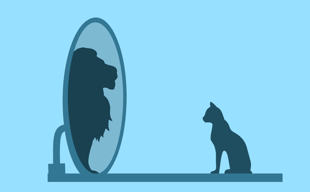 cat looking into a mirror and seeing a lion representing confidence which is one of the signs of high self-esteem.