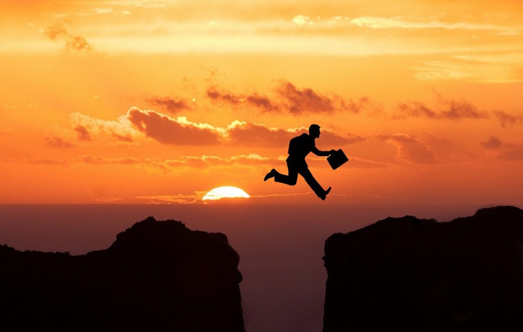 jump, cliff, sunset