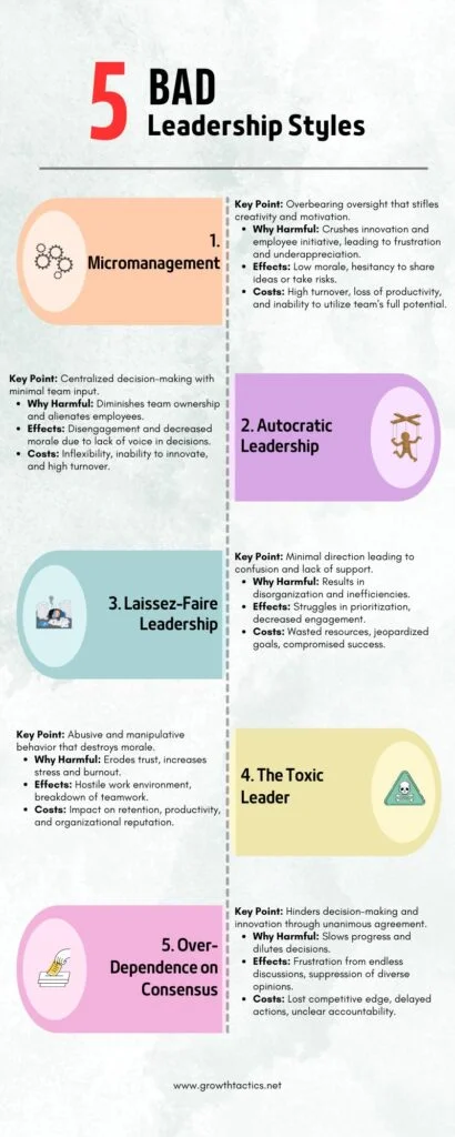 5 Bad Leadership Styles to Avoid for Team Success 5 Bad Leadership Styles Infographic