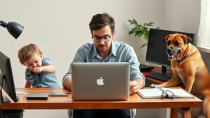 A person is at a desk on a laptop, trying to stay focused, with a kid pulling at him on one side and a dog on the other.