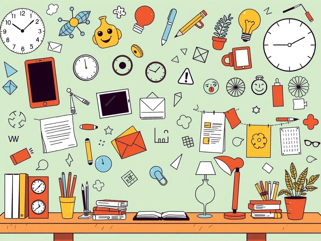 21 Effective Strategies to Stay Focused and Productive Image with all kinds of things that can distract a person from work.