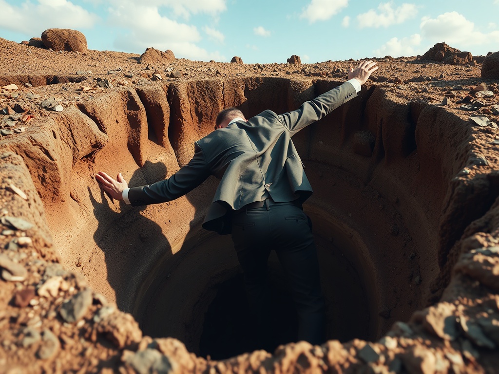 Dynamic Leadership: Key Traits and Skills for Success A man in a nice business suit walking into a large hole.