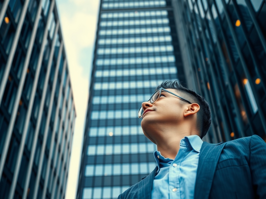 Dynamic Leadership: Key Traits and Skills for Success A dynamic leader looking up at a tall office building.