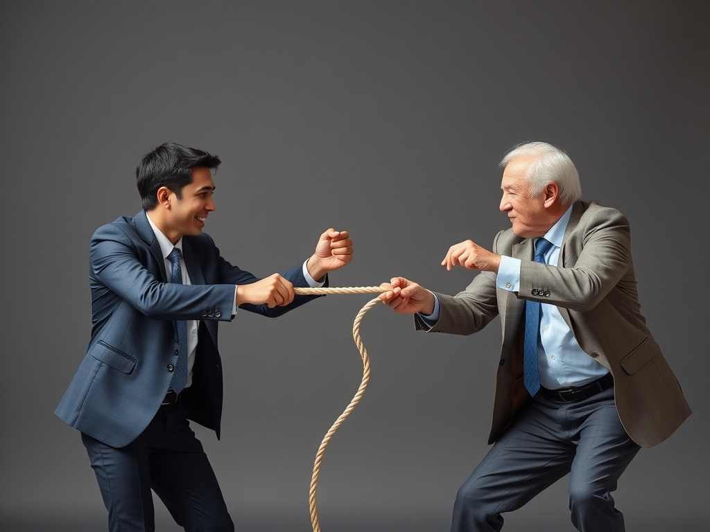 Breaking the Mold: Modern Leader vs Traditional Leader A young business leader on one side with an old leader on the other playing tug of war with a rope.