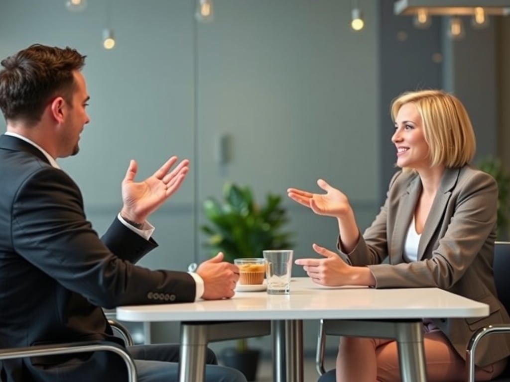 two business people sitting at a table having a peer feedback session