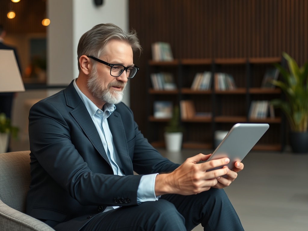The Power of a Coaching Mindset: Building Those Around You A business leader sitting down accessing a digital coaching tool.