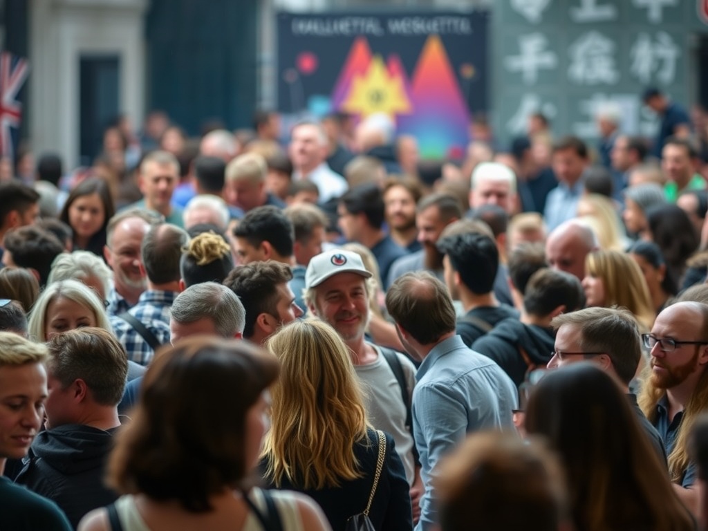 A crowd of people talking.