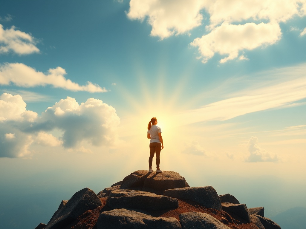 Self-Actualization: How to Be Your Best Self A lady standing on top of a rocky hill with the sun in the background.
