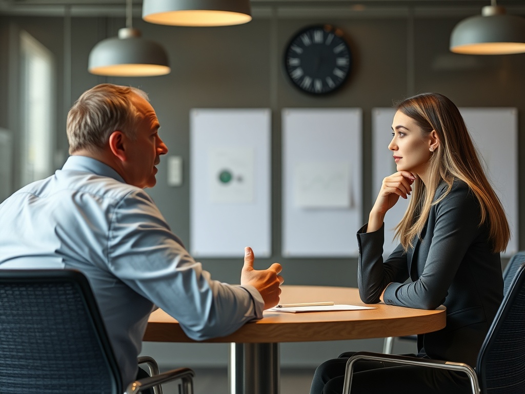 The Power of a Coaching Mindset: Building Those Around You A business leader sitting across the table from an employee listening actively.