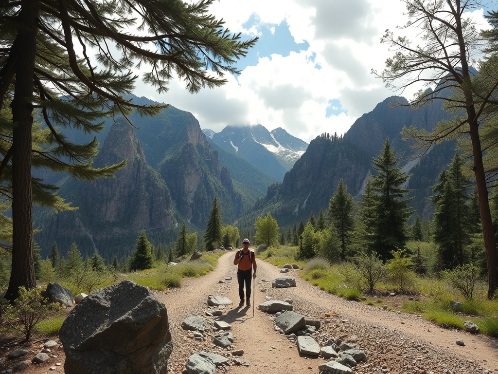 Self-Actualization: How to Be Your Best Self A man with a walking stick making his way up a trail with mountains in the background.