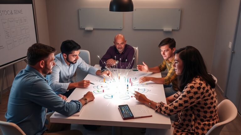 A team conducting a starbursting brainstorm session.