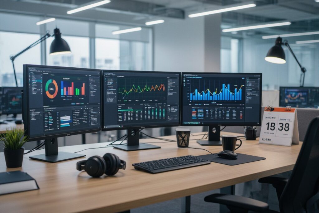 Computer screens showing graphs.