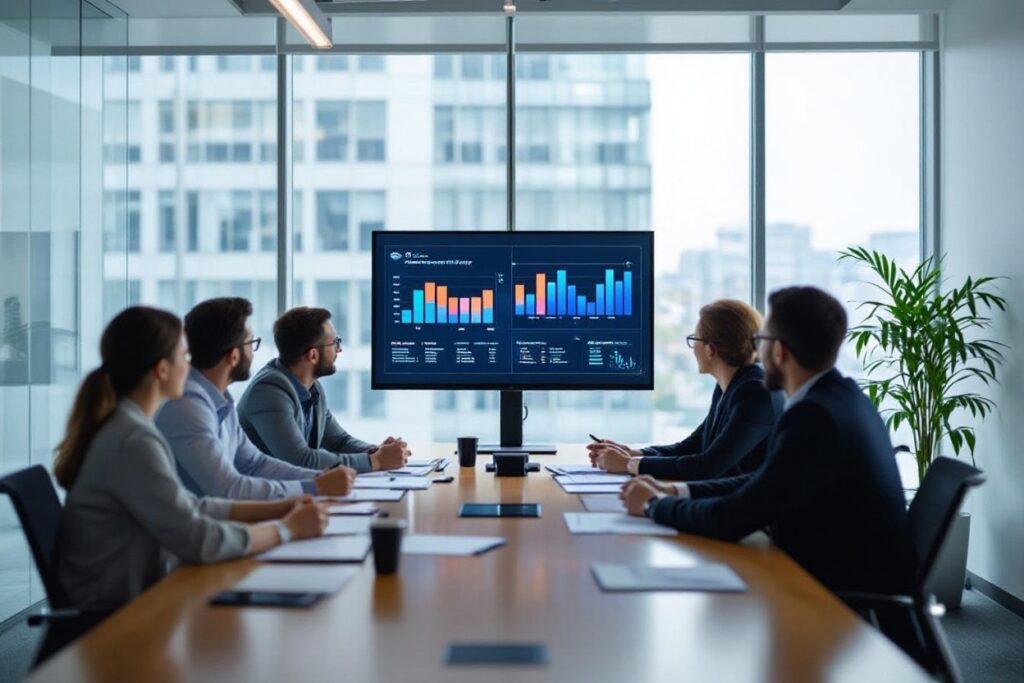 Business people in a meeting looking at a graph.