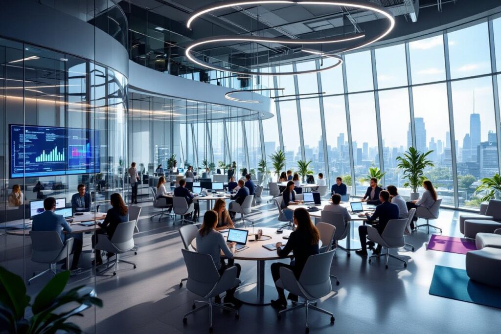An office with a lot of employees sitting at tables.