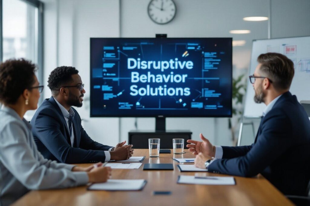 A team around a table discussing disruptive behavior solutions